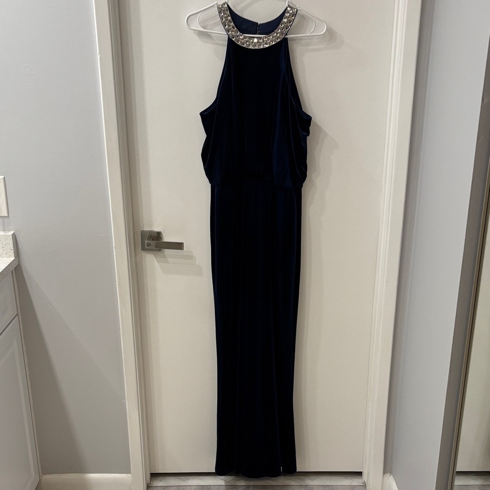 MARINA Full Length Deep Blue Dress Size 12. Rhinestone neckline. Halter neck